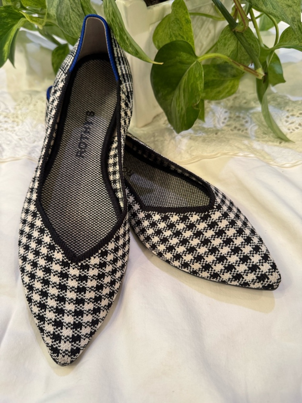 Rothy's Black & White Houndstooth Pointed Toe Flats